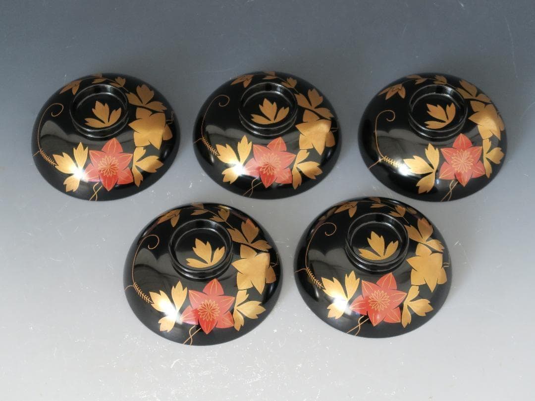 【輪島塗】鉄仙蒔絵 吸物椀 黒塗 見返し金彩蒔絵 鉄仙の葉 五客揃 天然木 共箱