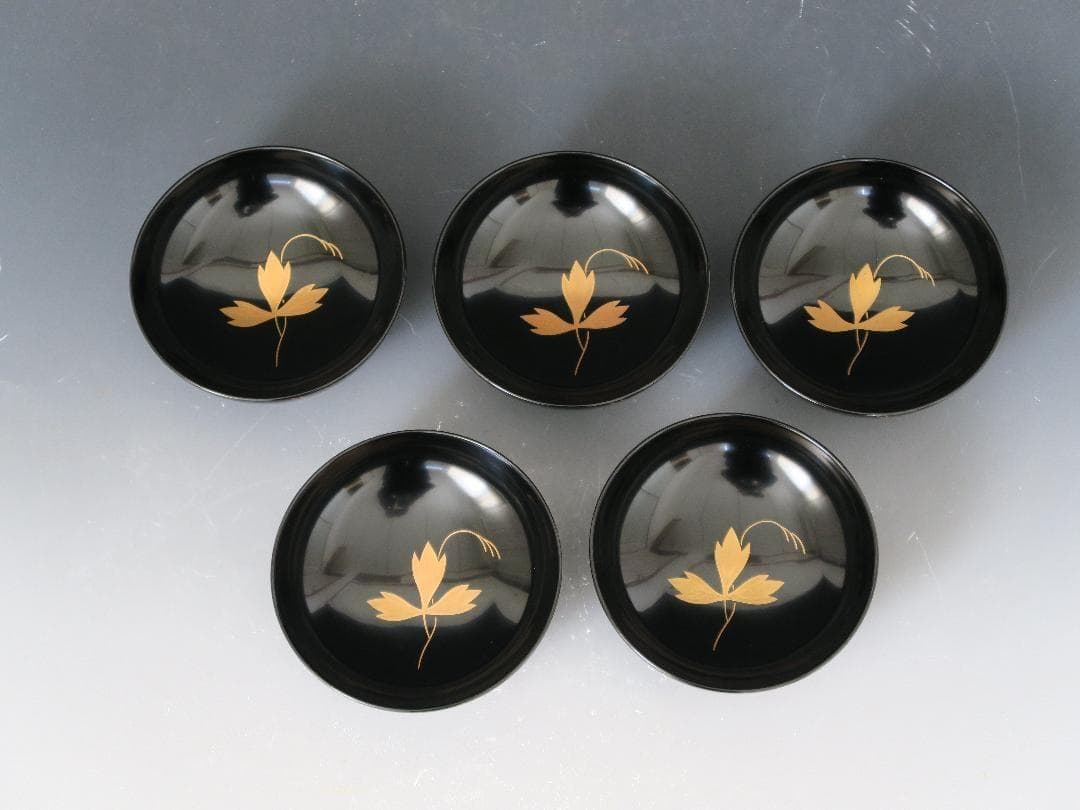 【輪島塗】鉄仙蒔絵 吸物椀 黒塗 見返し金彩蒔絵 鉄仙の葉 五客揃 天然木 共箱