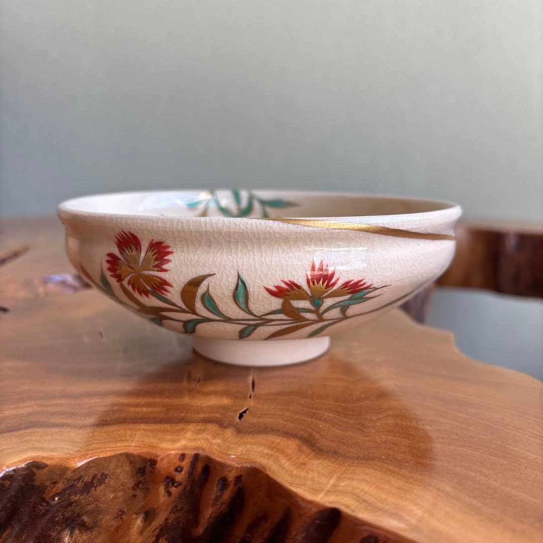 色絵撫子文 橋本城岳造 鳴滝窯 平茶碗 共箱 抹茶碗 茶道具 （1y）