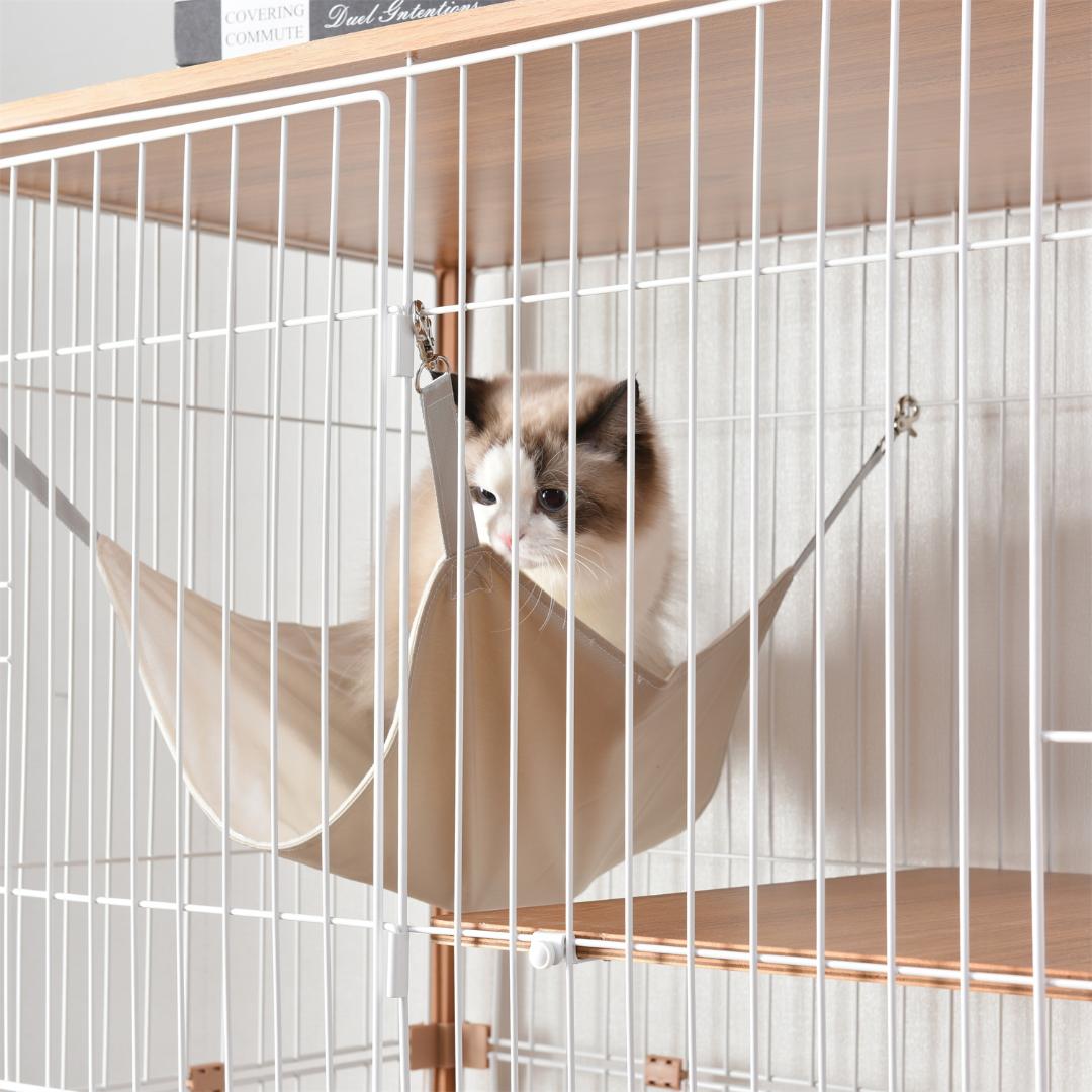 【新品】木製×スチール三段キャットケージ 多頭飼い対応 脱走防止 ナチュラル