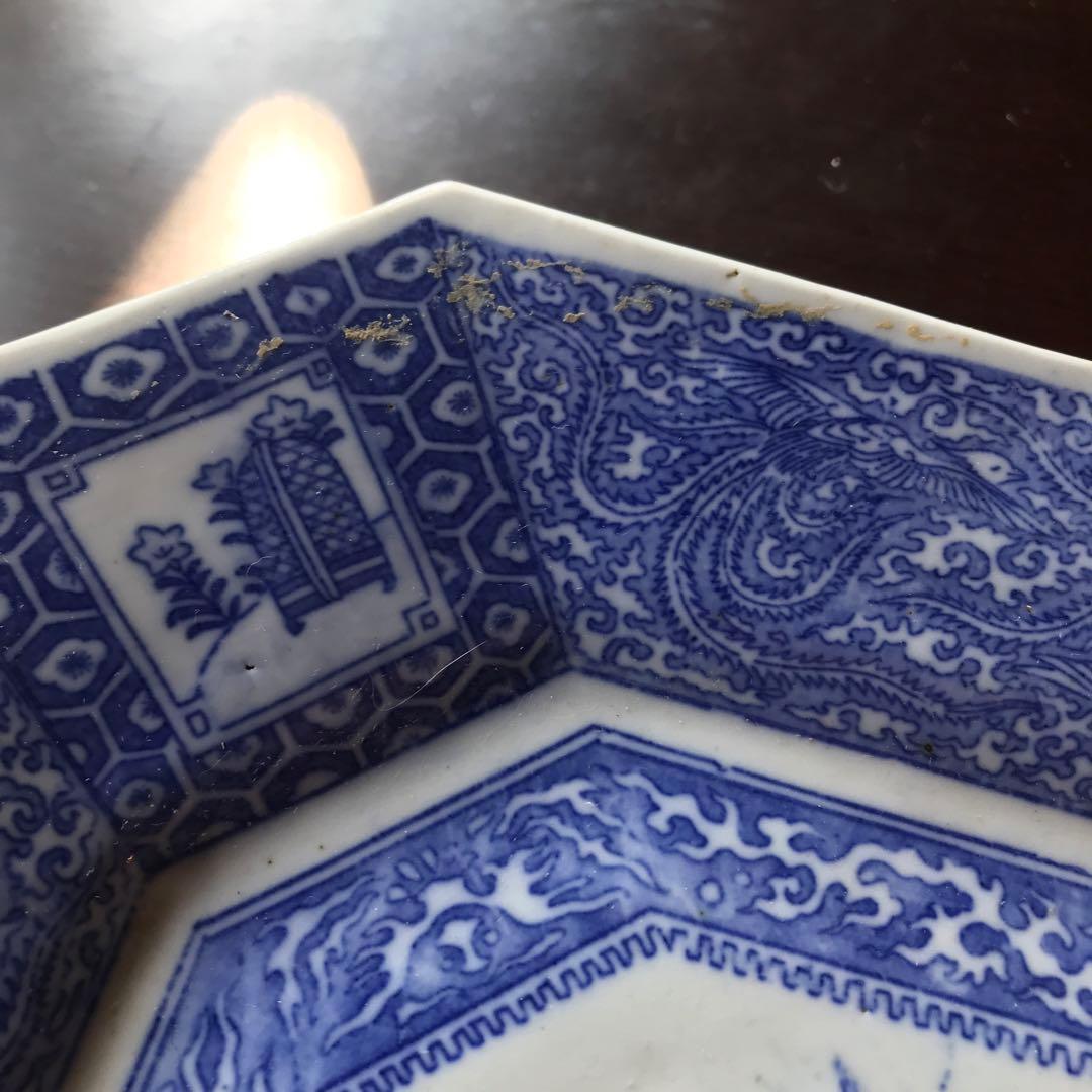 美品　陶器　年代物　八角絵皿　丁寧に描かれた獅子や牡丹の絵柄が素敵な　古道具