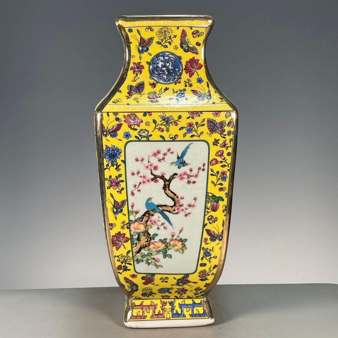 琺瑯彩鎏金花鳥四方瓶 景徳鎮 陶磁器 装飾品 現代工芸品 美術品 置物
