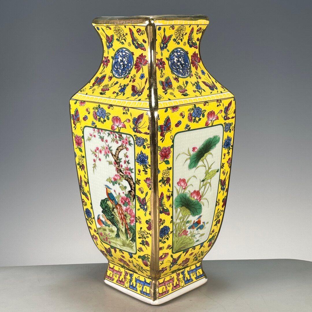 琺瑯彩鎏金花鳥四方瓶 景徳鎮 陶磁器 装飾品 現代工芸品 美術品 置物