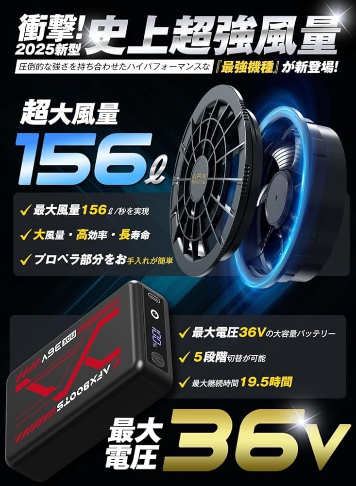 36V 超高出力 空調服用 ファンバッテリーセット 暑さ対策 26860mAh