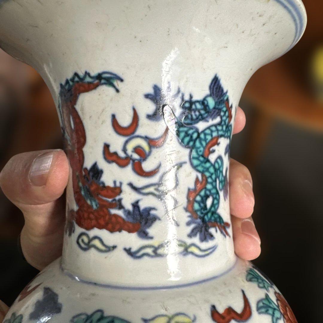 チ*ー様 中国，清時代，骨董，青龍赤龍装飾陶器花瓶