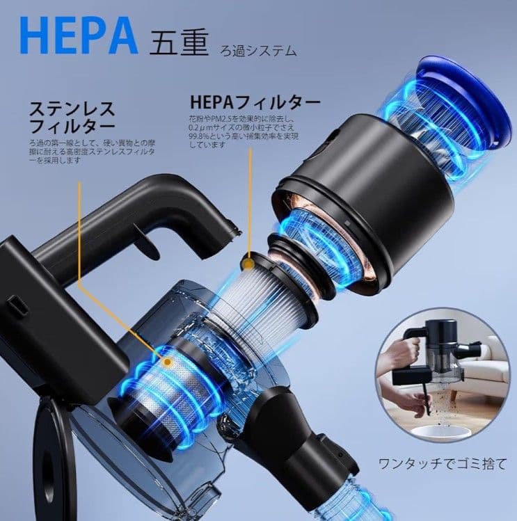 掃除機 コードレス 45000pa超強力吸引 サイクロン ハンディクリーナー