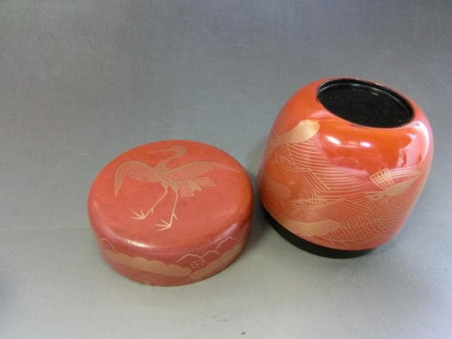 棗■松 鶴の絵 蓬莱山 蒔絵 秀穂作 朱塗 漆器 お茶道具 時代物 骨董品■