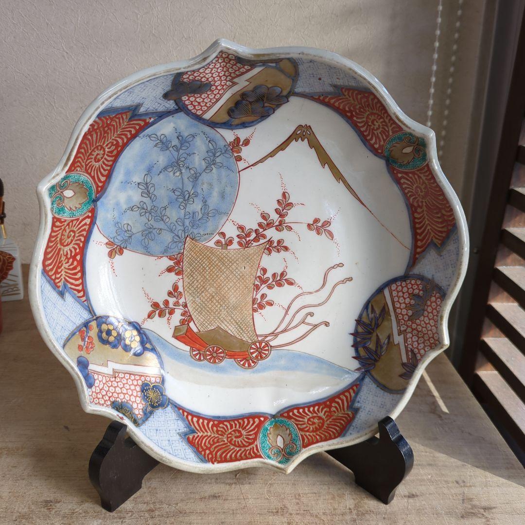 骨董 伊万里 色絵 花弁 金彩 脚付 盛り皿 飾り皿 アンティーク 富士山 花車