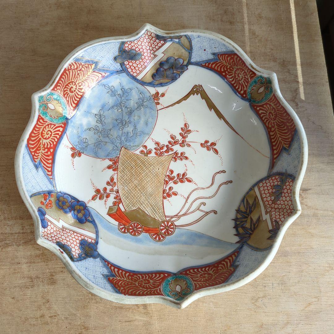 骨董 伊万里 色絵 花弁 金彩 脚付 盛り皿 飾り皿 アンティーク 富士山 花車