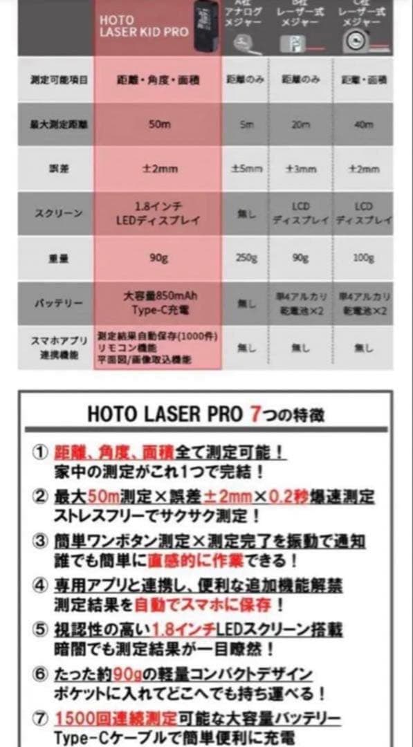 HOTO LASER PRO 距離、角度、面積測定可能！最新スマホ連携式レーザー
