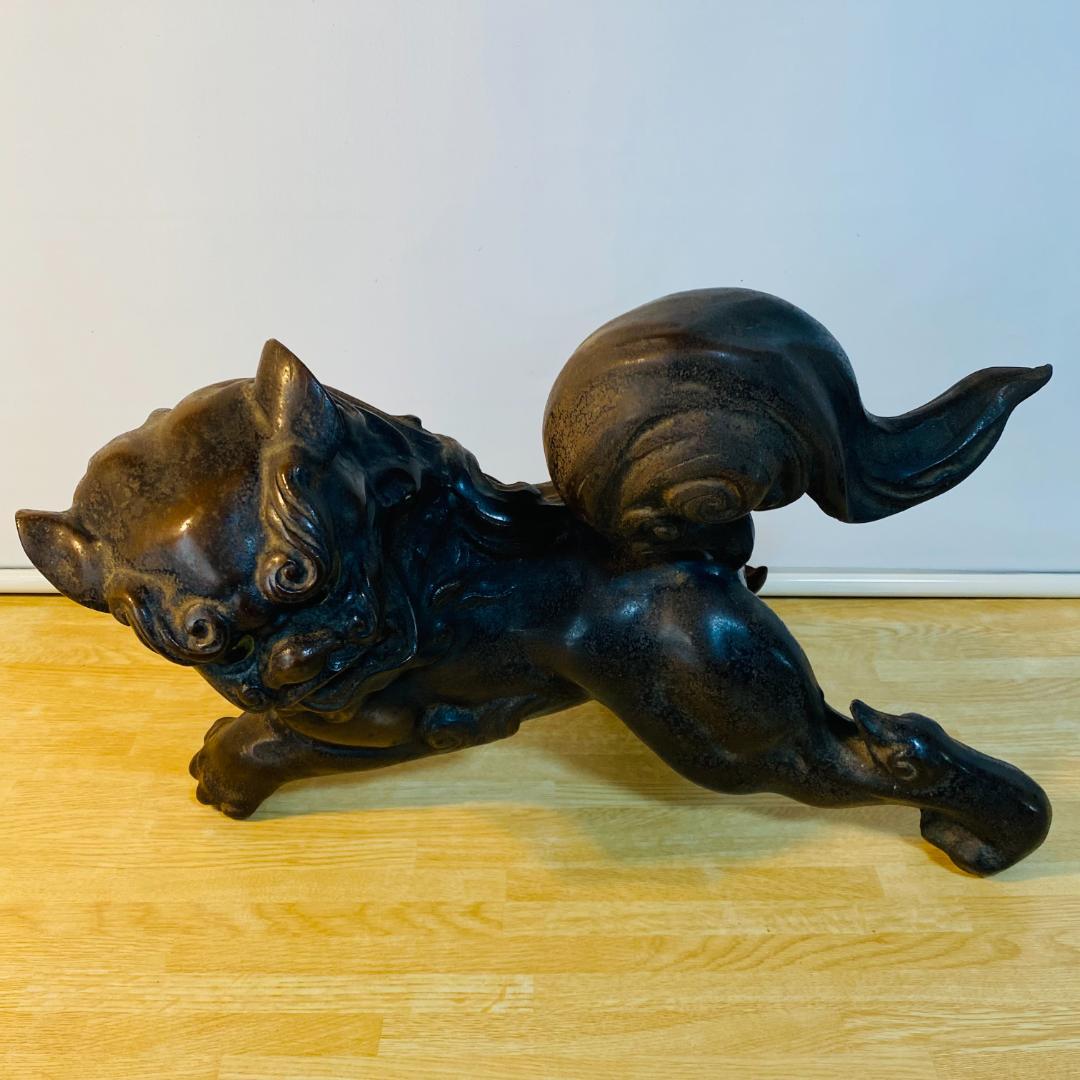 金属工芸 玉乗り獅子 総重量約18㎏ 鋳鉄 鋳物 玉獅子 狛犬 置物 オブジェ