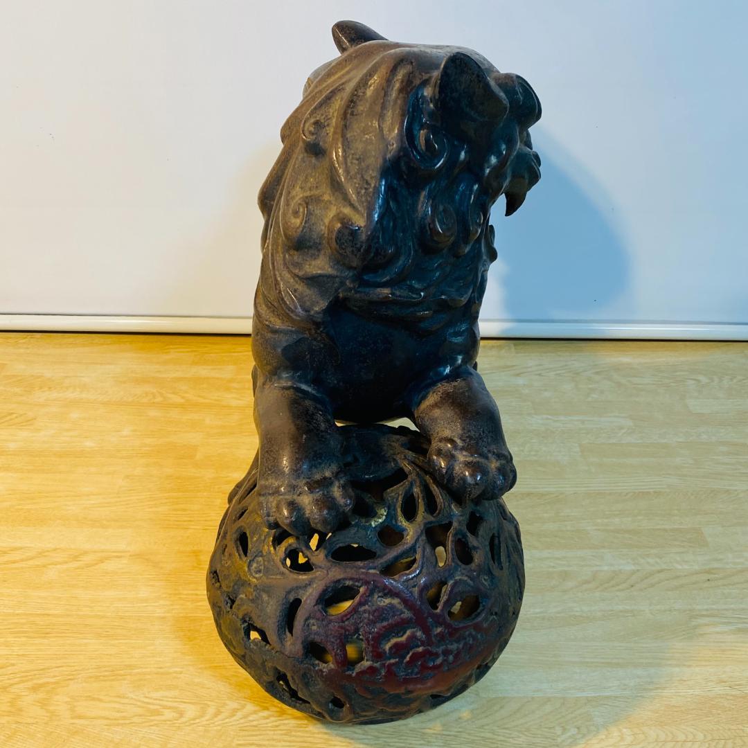 金属工芸 玉乗り獅子 総重量約18㎏ 鋳鉄 鋳物 玉獅子 狛犬 置物 オブジェ