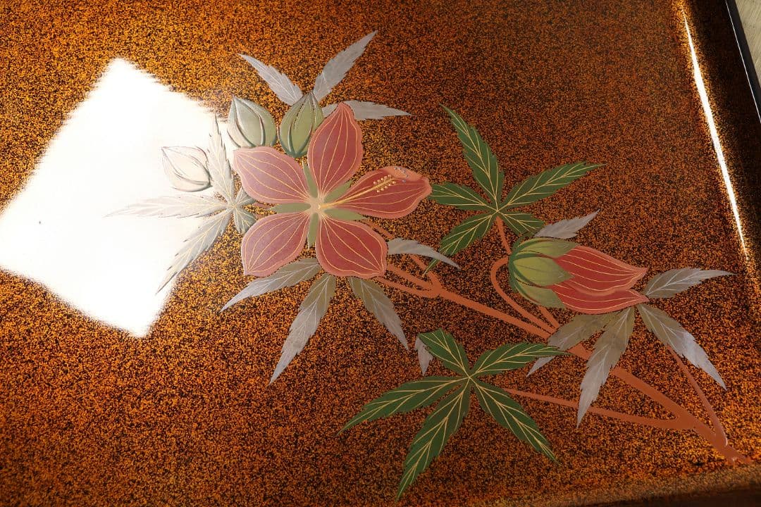 輪島塗 木製 花の蒔絵 梨地 四方膳 五客 芙蓉 木槿 卓上 茶懐石【CM187