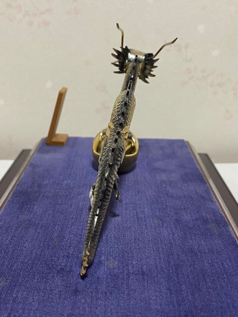 ♦️長栄作 純銀 龍 縁起物 置物飾り 銀細工 購入時ケース入 昭和時代美術工芸品