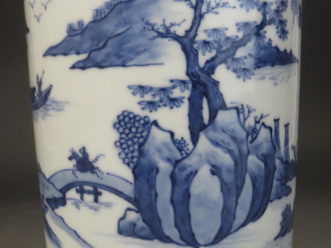 三浦竹泉　『染付山水図　花瓶』　共箱・共布★茶器・花器・花入・茶道具・煎茶道具