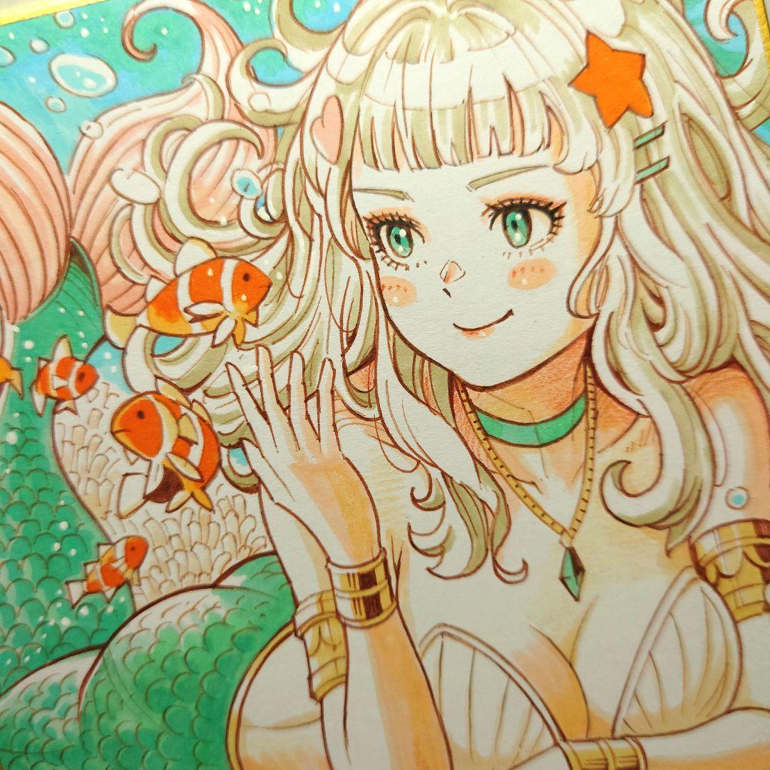 【手描きイラスト 065】オリジナル原画色紙 コピック「人魚姫と虹色の海」