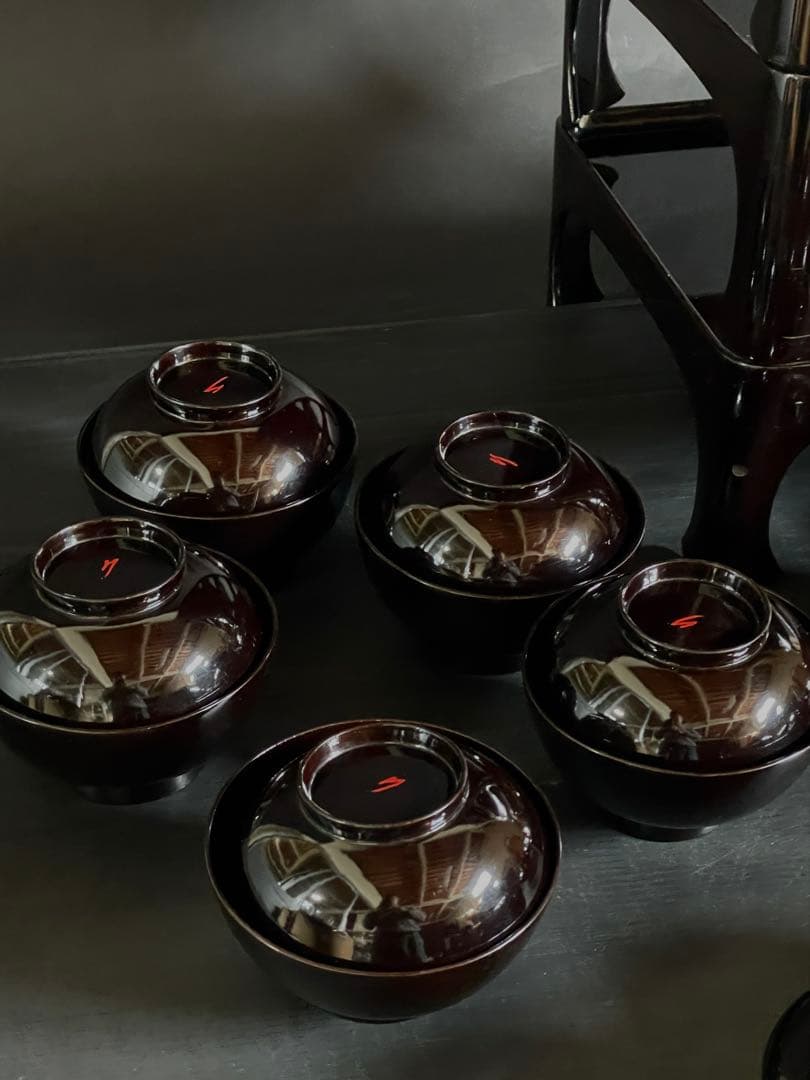 「祖」 黒塗 懐石膳 五人前揃い 飯碗 汁椀 壺椀 平椀 脚付き膳 共箱 （い）