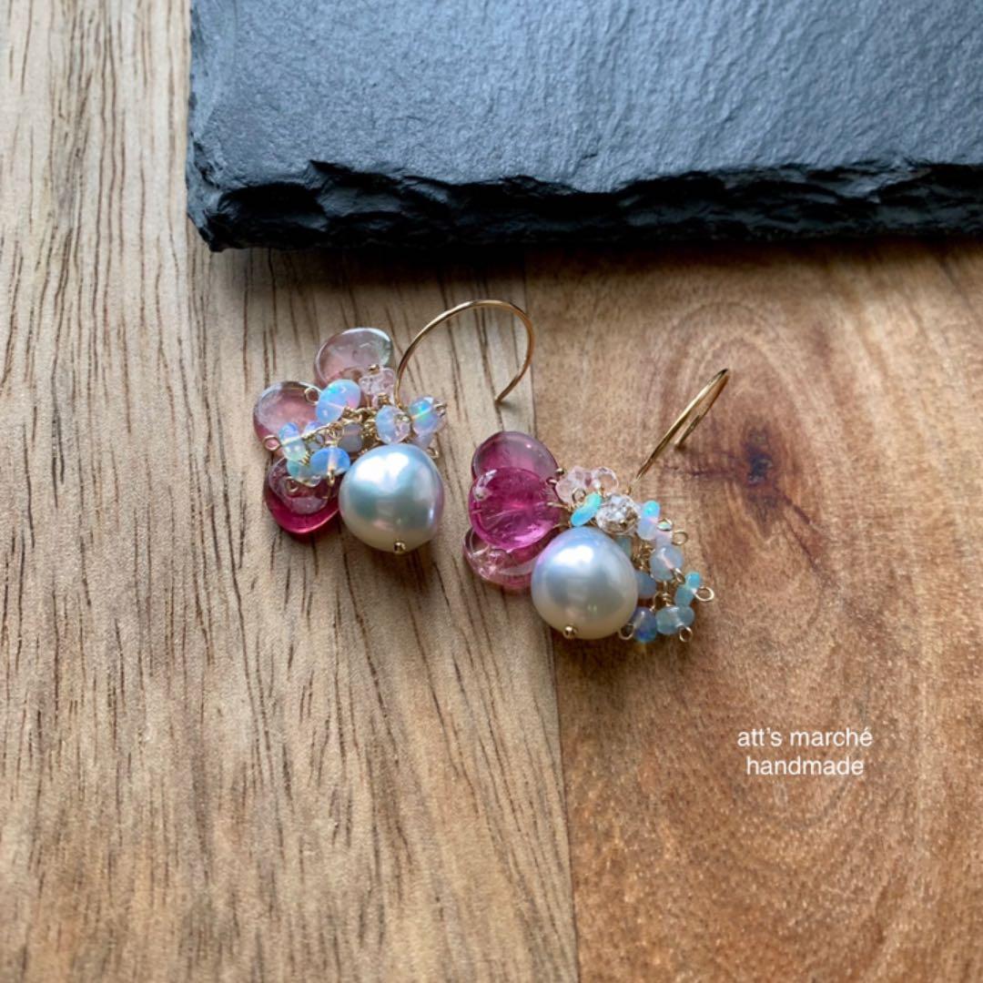 【SALE】カラーオパール（ピンク系）×伊勢あこやパールフックピアス ✴︎天然石