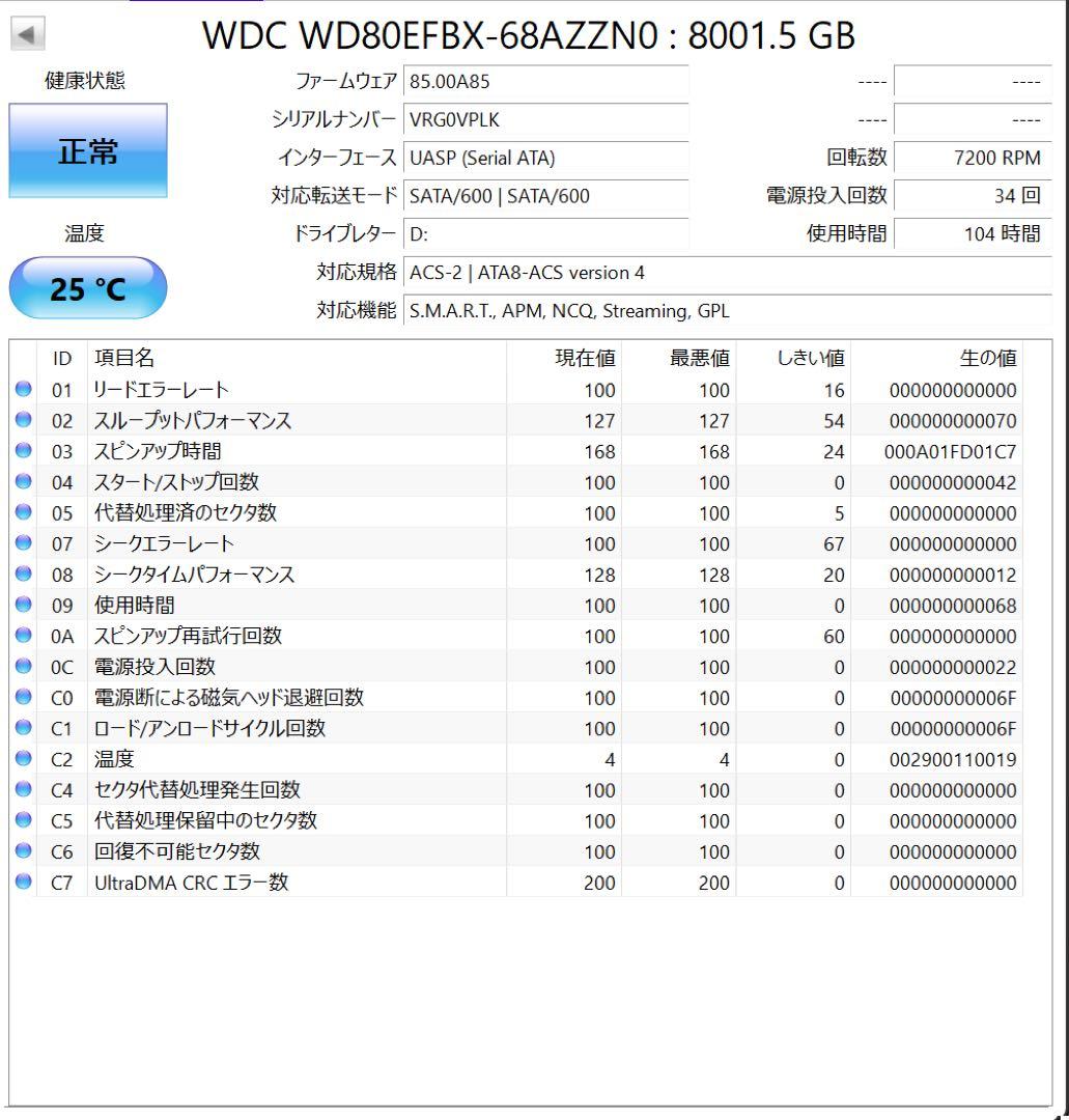 WD Red Plus 8TB HDD WD80EFBX 使用時間104時間