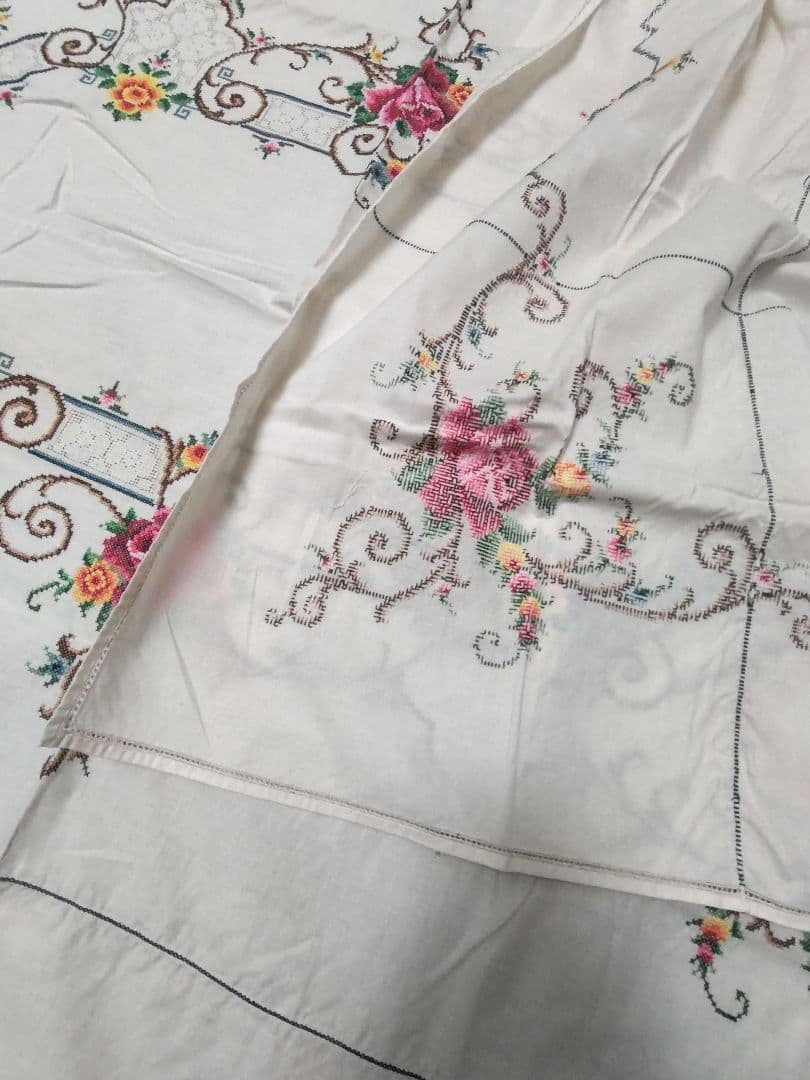 フランスアンティークレース 刺繍 テーブルクロス ベッドカバー ヴィンテージ