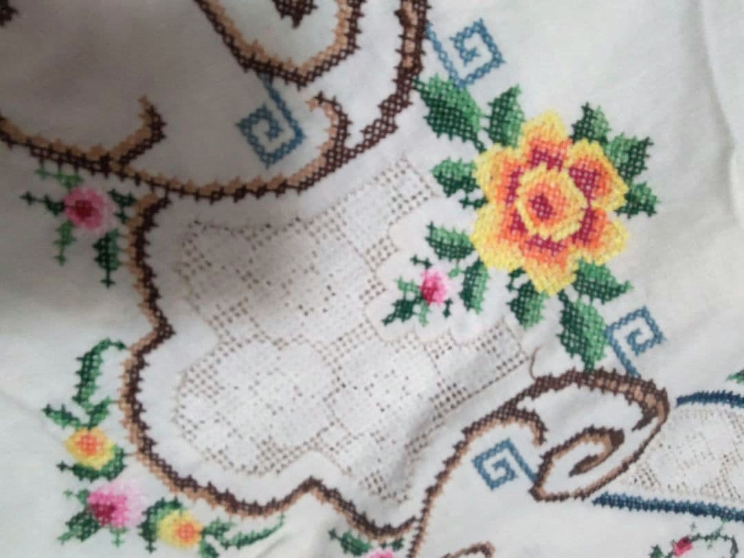 フランスアンティークレース 刺繍 テーブルクロス ベッドカバー ヴィンテージ
