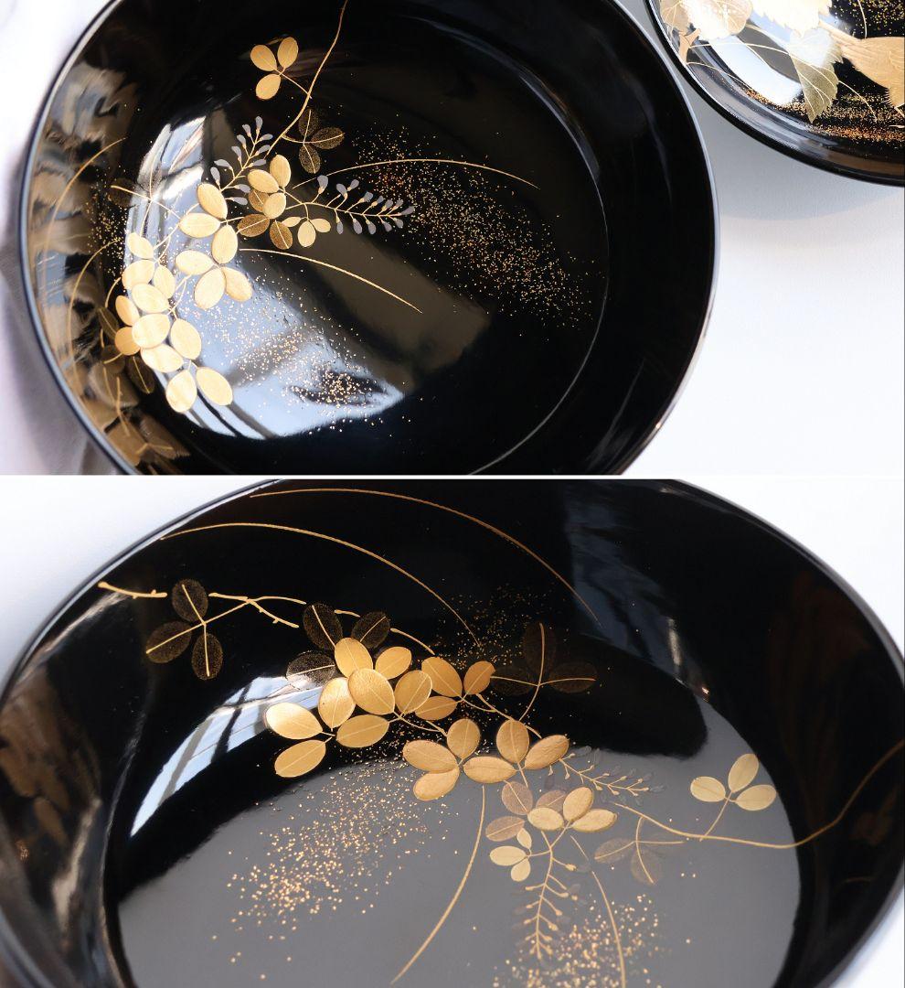 【MB278】天然木漆塗 加賀蒔絵 四季花鳥 絵変金蒔絵 黒塗厚物椀 二十客
