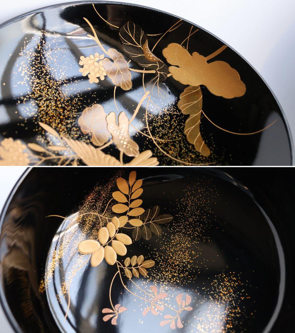 【MB278】天然木漆塗 加賀蒔絵 四季花鳥 絵変金蒔絵 黒塗厚物椀 二十客