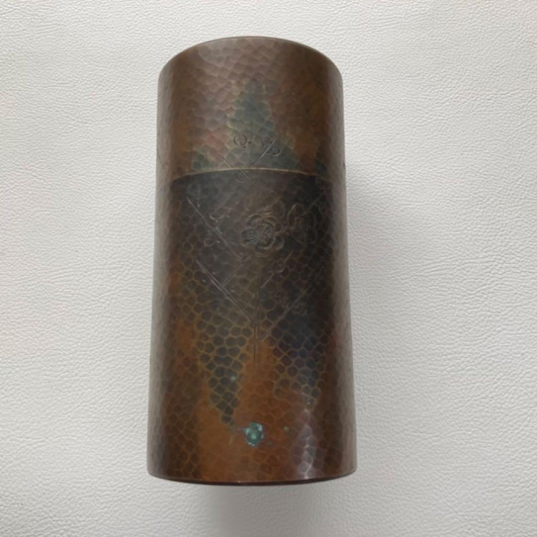 古い茶筒 玉川堂 鎚起銅器 槌目模様 鋲打 彫刻 花柄 和風 茶道具 レトロ