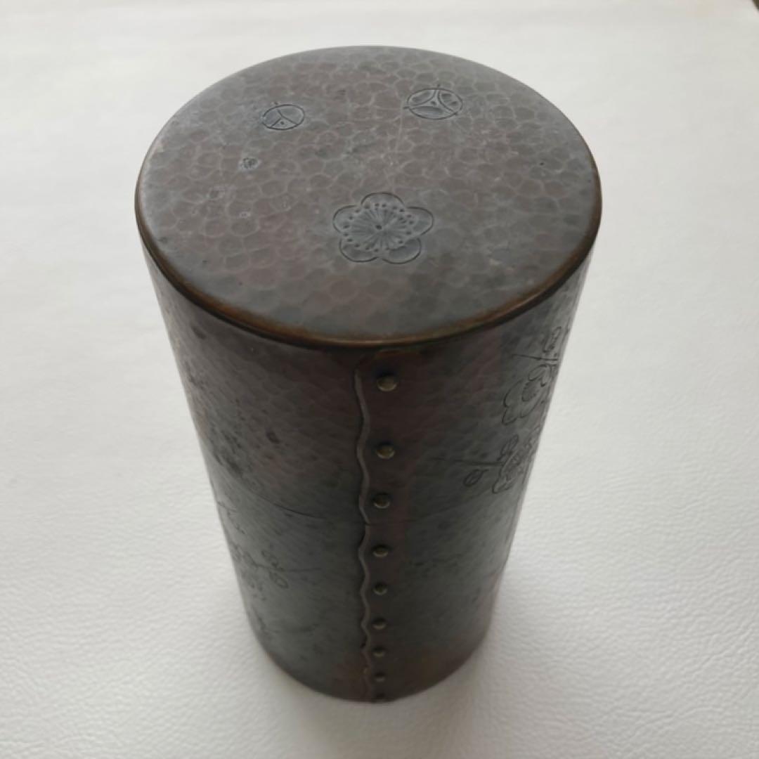 古い茶筒 玉川堂 鎚起銅器 槌目模様 鋲打 彫刻 花柄 和風 茶道具 レトロ