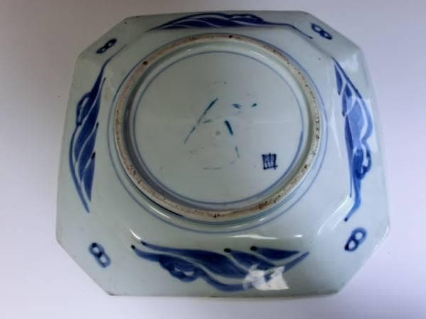 大皿■山里山水図染付四角皿(江戸後期~明治期) 船 古い伊万里 時代物 骨董品■
