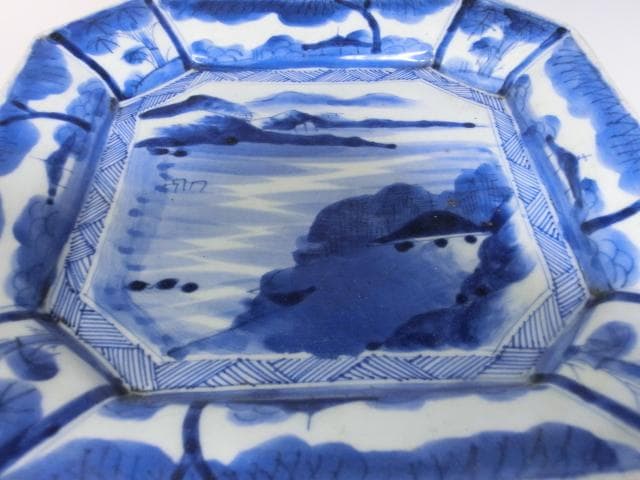 大皿■山里山水図染付四角皿(江戸後期~明治期) 船 古い伊万里 時代物 骨董品■