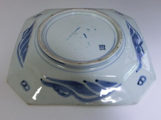 大皿■山里山水図染付四角皿(江戸後期~明治期) 船 古い伊万里 時代物 骨董品■