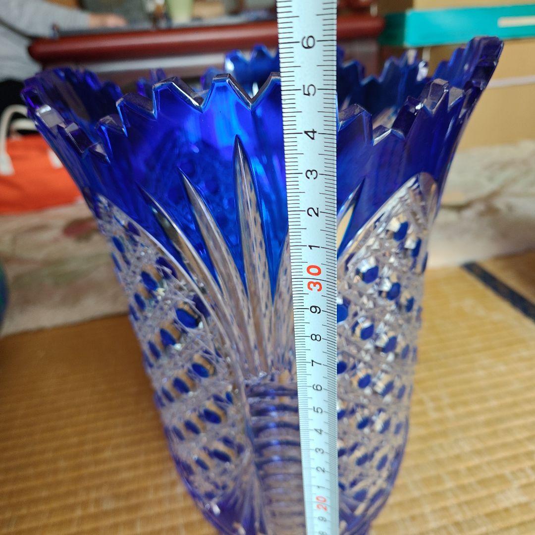 青色カットガラス フラワーベース　昭和レトロ