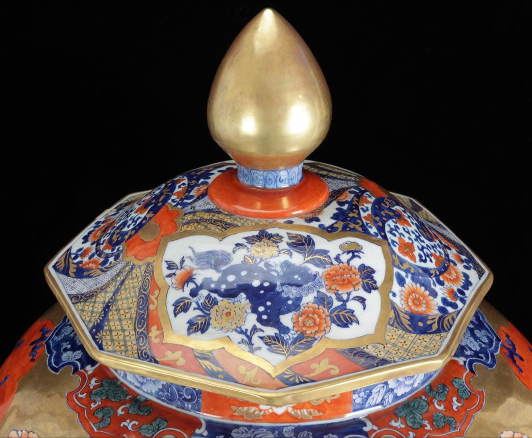 有田焼 染錦花鳥図 八角胴張蓋付大壷 飾壺 豪華絢爛 高57cm 古美術 骨董品