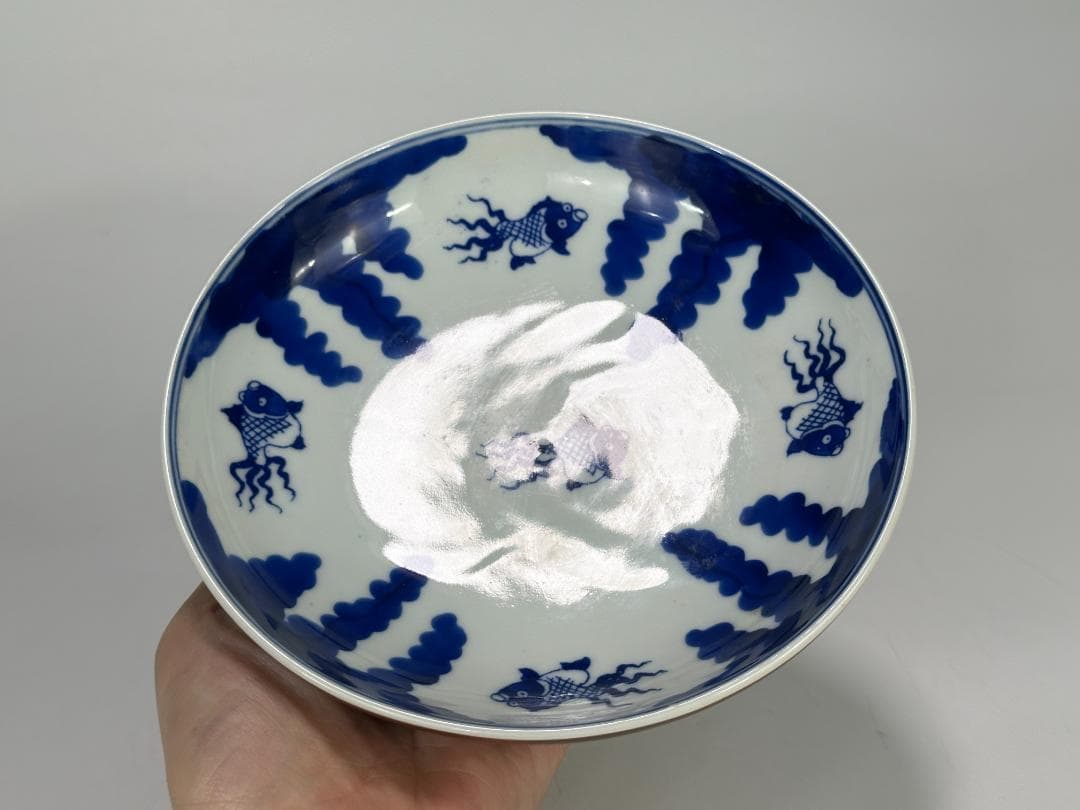 中国美術　清朝　清時代　青花　金魚文　時代物　皿　盤　一対　古物　唐物