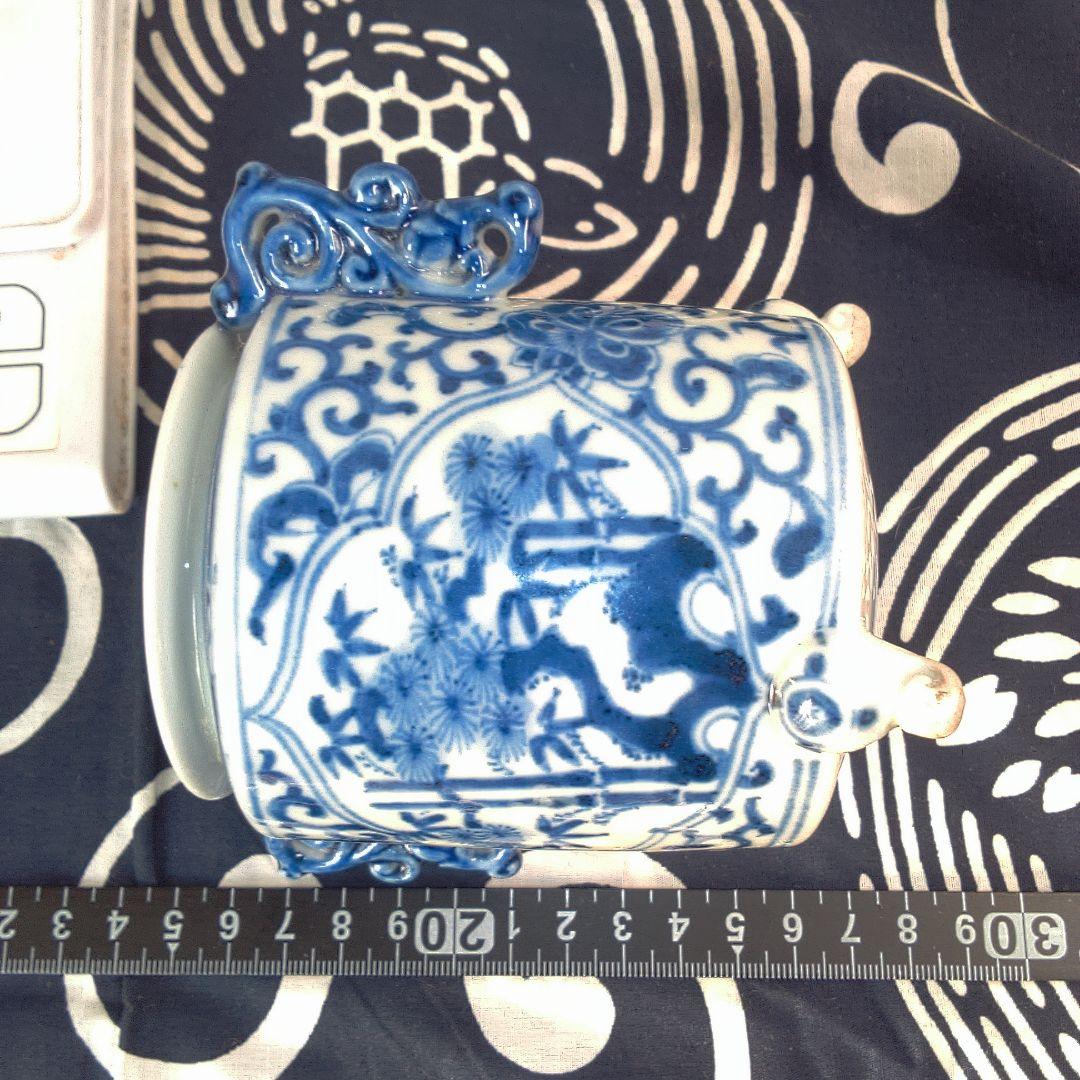 骨董２ 香炉 フタ無し青白磁 花柄装飾 花器
