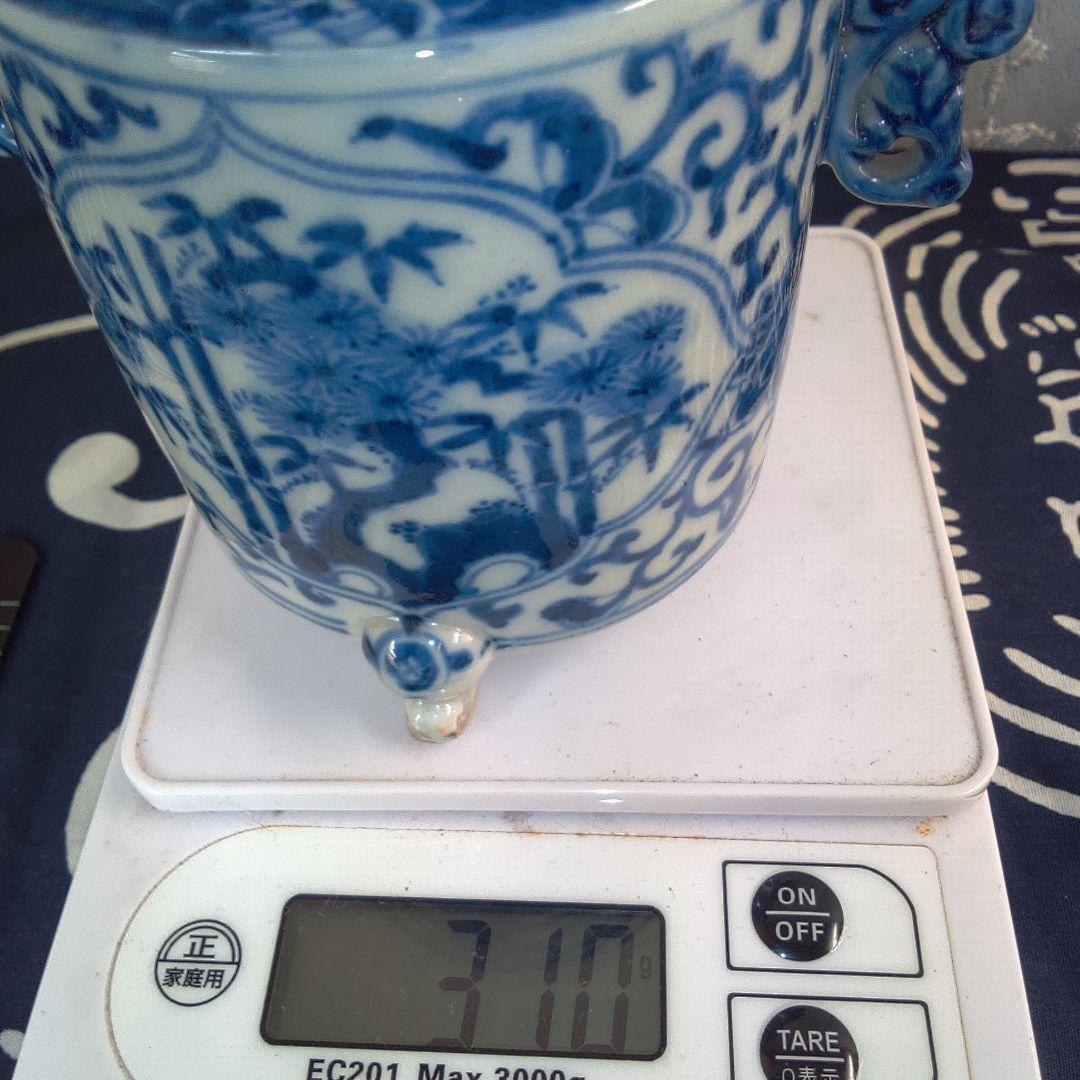 骨董２ 香炉 フタ無し青白磁 花柄装飾 花器
