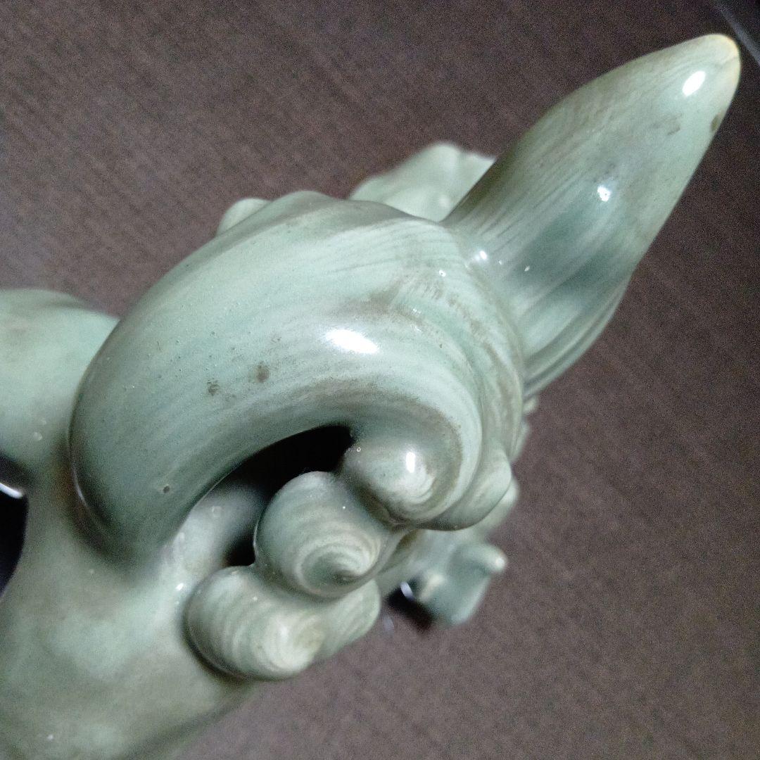 青緑色 獅子 陶器 置物 骨董 青磁獅子？