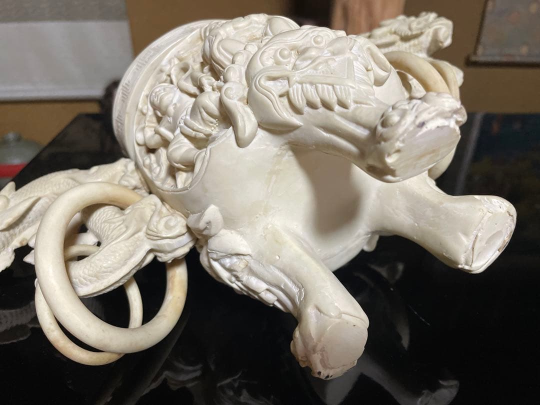 中国美術樹脂製大型細密細工『福禄寿』香炉 龍飾り耳 オブジェ香炉木製台付重3kg