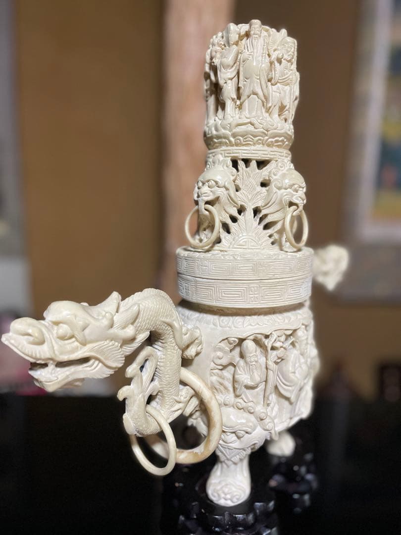 中国美術樹脂製大型細密細工『福禄寿』香炉 龍飾り耳 オブジェ香炉木製台付重3kg