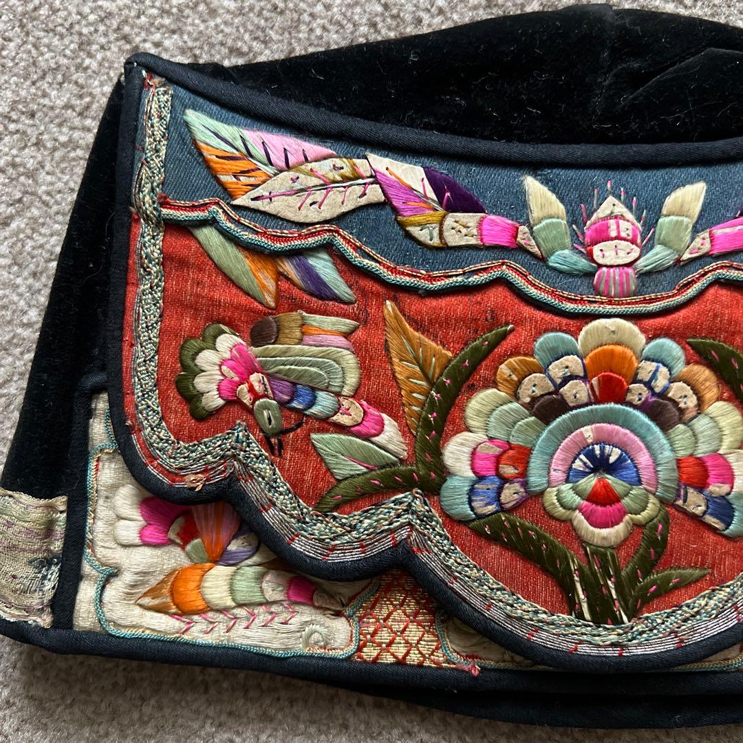 中国　1900年代初期　アンティーク　刺繍入りベルベット帽子　希少　骨董