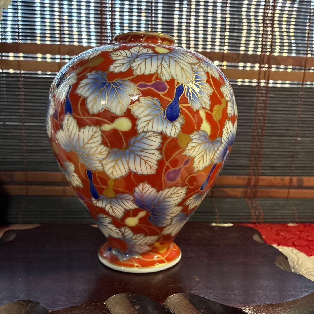 骨董　オールド香蘭社　有田名陶　宮内庁御用達　朱赤　瓢に舞う蝶　彩色色絵　花器