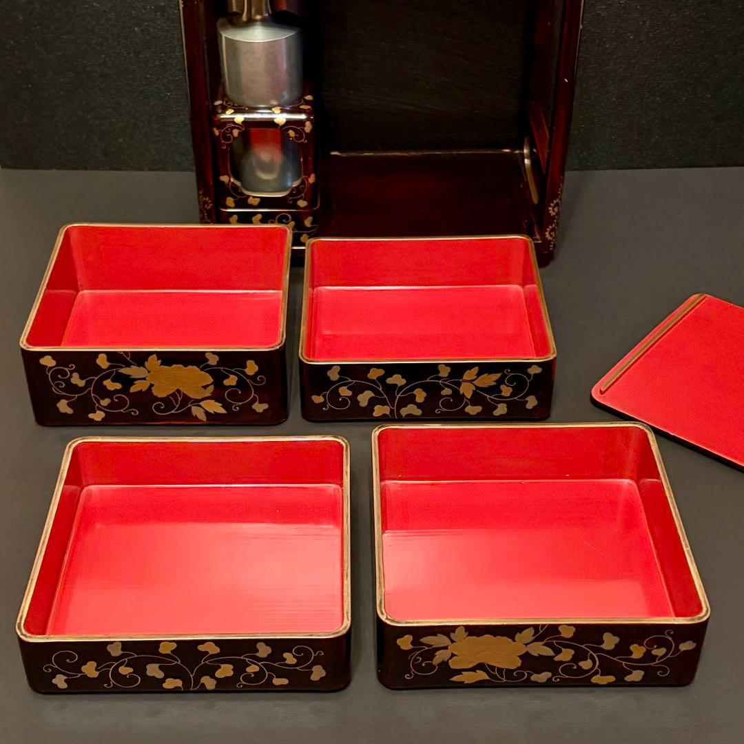 大名弁当箱(花見弁当 野弁当 野重) 漆塗り蒔絵 錫(すず)の酒器 手提げ箱