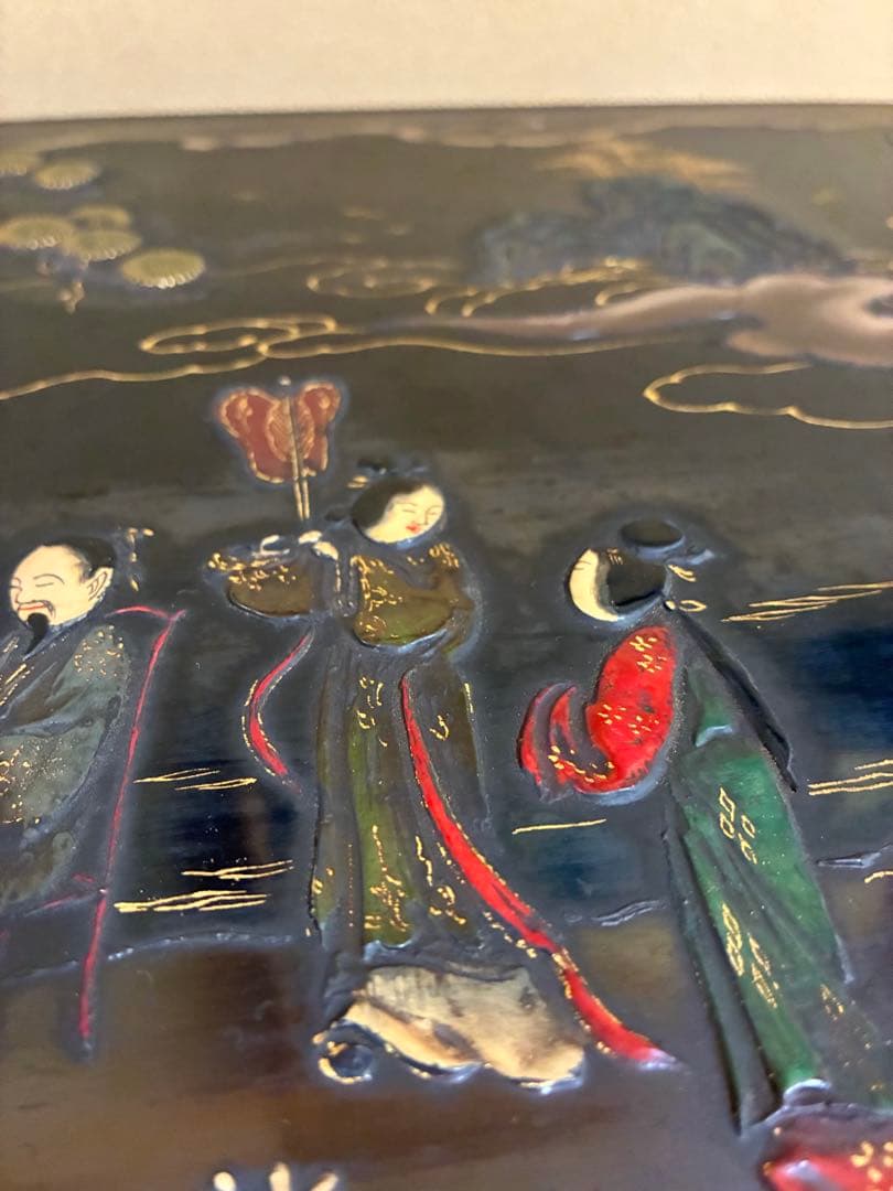 飾台 黒漆 蒔絵 木彫 文人 山水 猫足 中国古玩 古美術品 骨董品