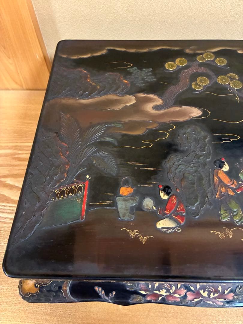 飾台 黒漆 蒔絵 木彫 文人 山水 猫足 中国古玩 古美術品 骨董品