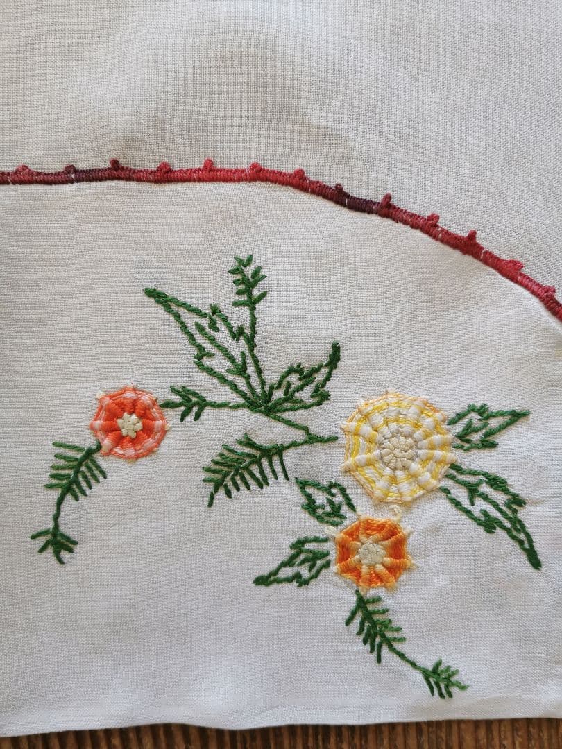 アンティーク フランス 立体的な色糸バリオン薔薇刺繍 ランジェリーリネンケース