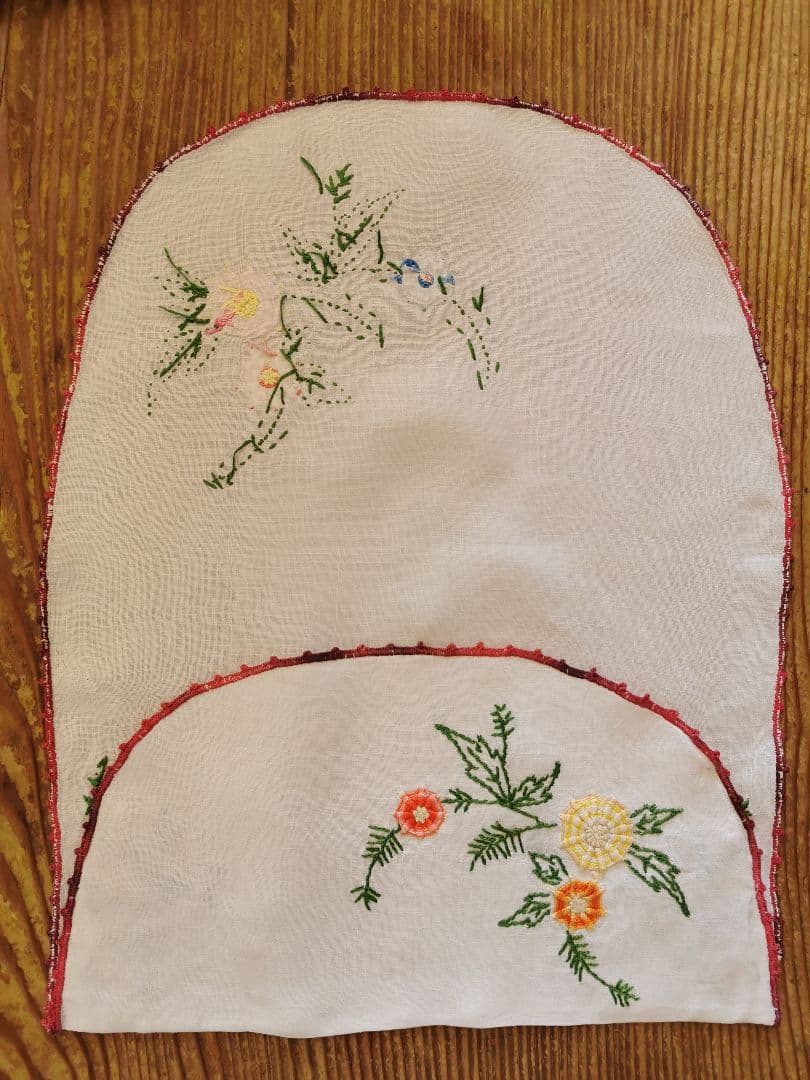 アンティーク フランス 立体的な色糸バリオン薔薇刺繍 ランジェリーリネンケース