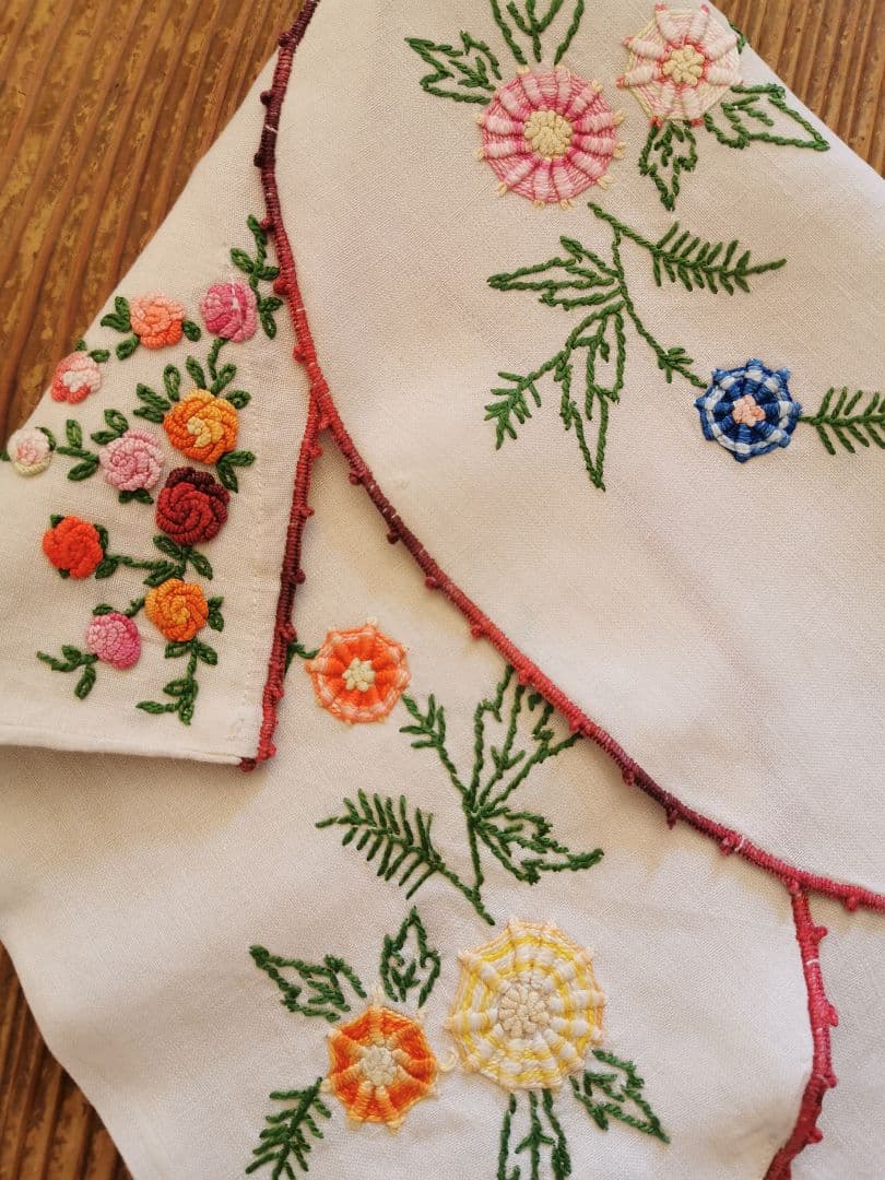 アンティーク フランス 立体的な色糸バリオン薔薇刺繍 ランジェリーリネンケース
