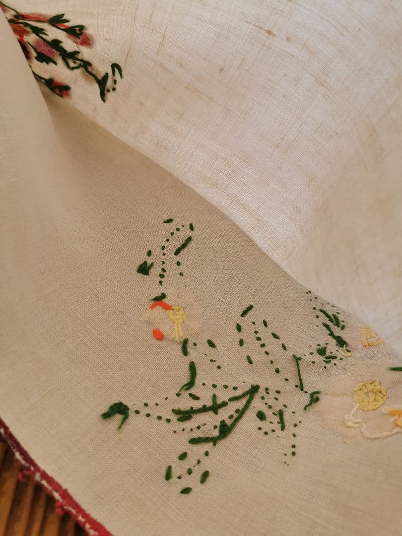 アンティーク フランス 立体的な色糸バリオン薔薇刺繍 ランジェリーリネンケース