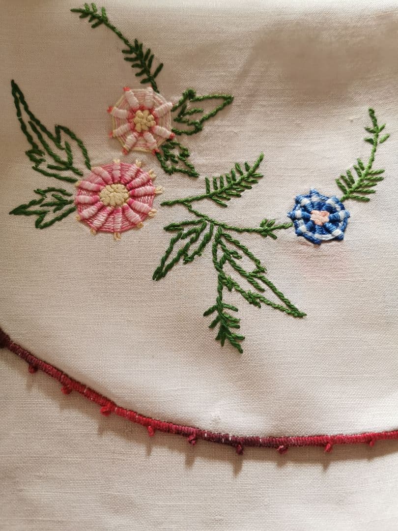 アンティーク フランス 立体的な色糸バリオン薔薇刺繍 ランジェリーリネンケース